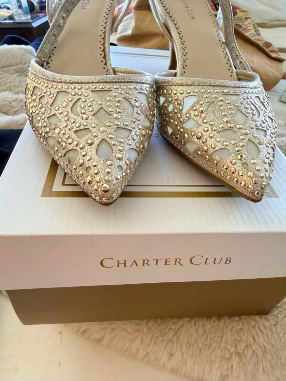 Charter Club Gold Pointed Toe Slingback Mules with Stud Details